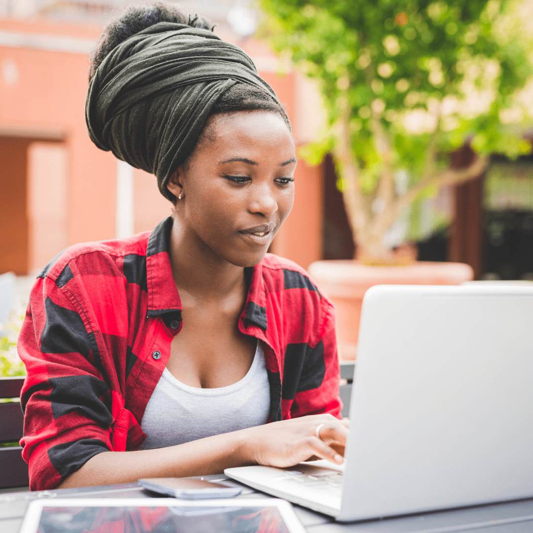 woman on computer square